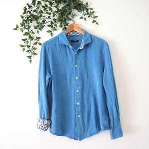 Bugatchi Men's Blue Long Sleeve Button Front Knit Collared Shirt Size Large